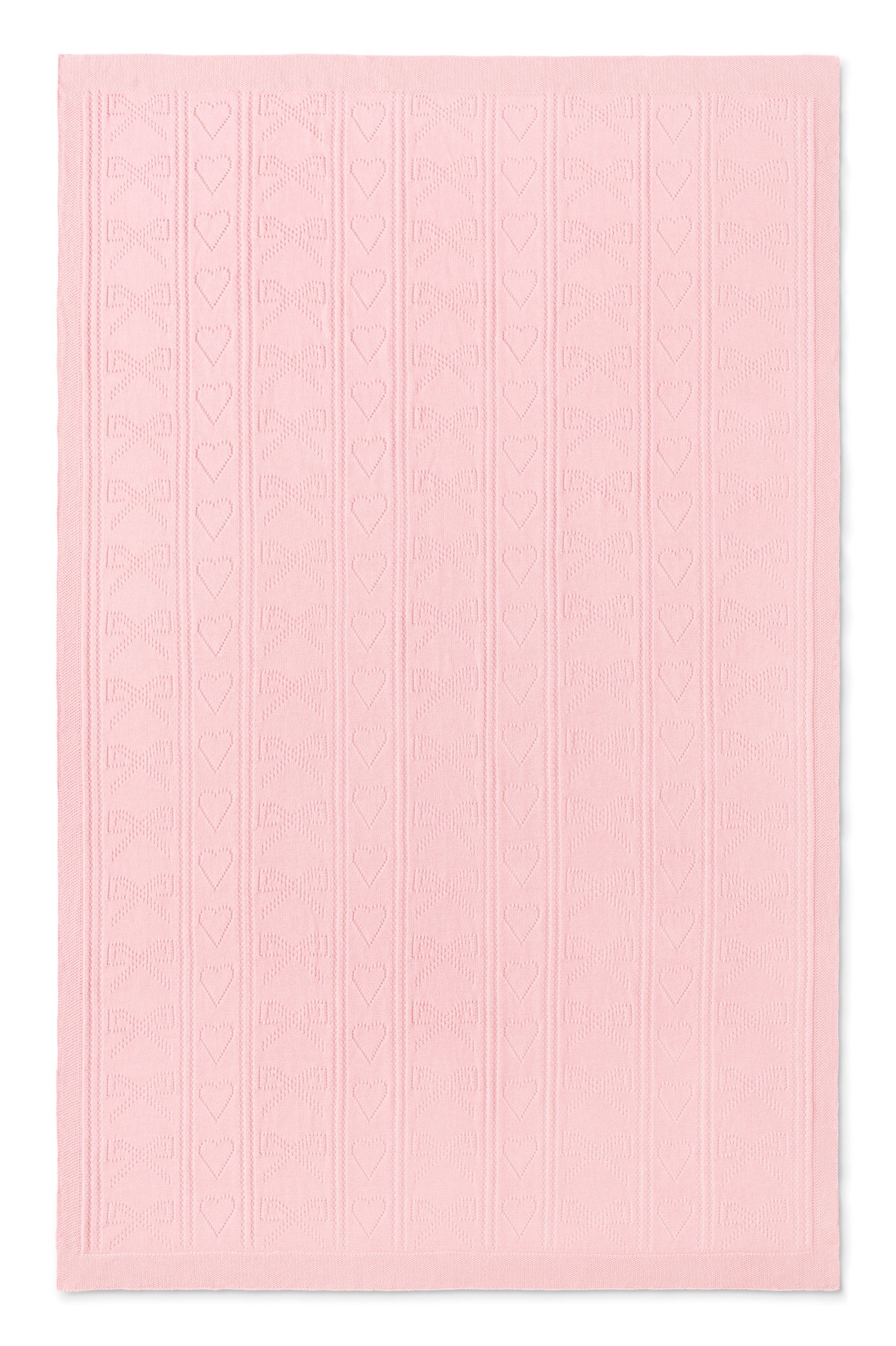 Pink, 100% cotton chic throw blanket. Featuring heart and bow-stripped pointelle details. 