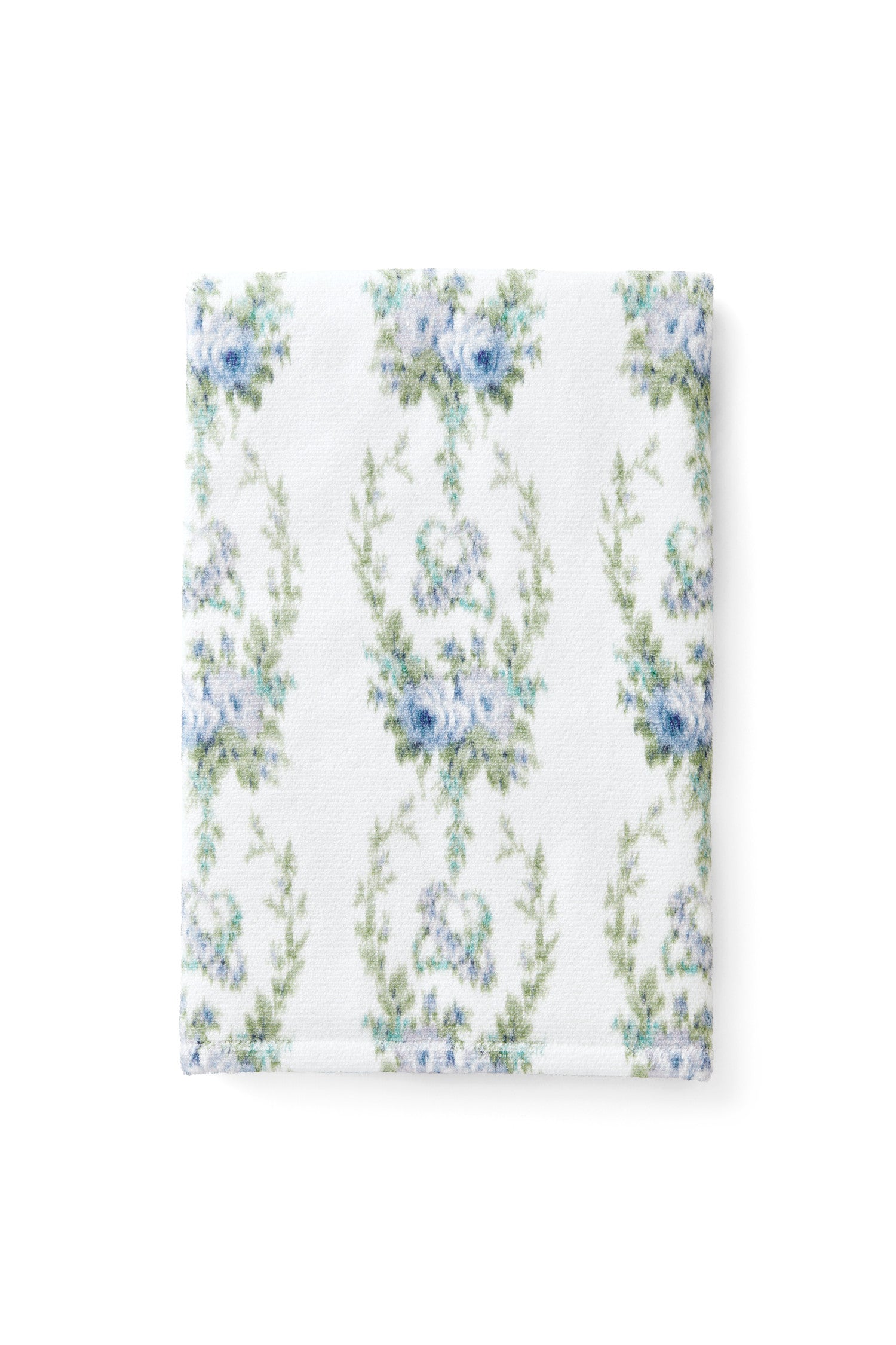 vintage-inspired repeating floral print hand towel in a soft blue against a white back