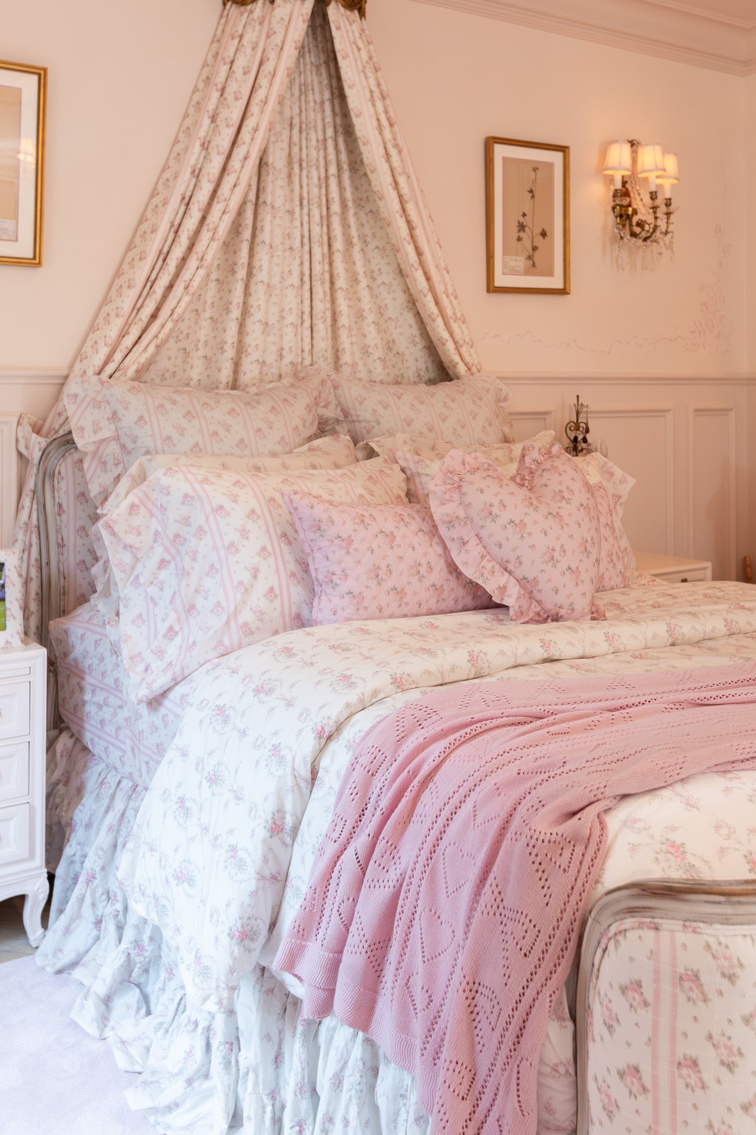 Pink floral ruffle bed skirt