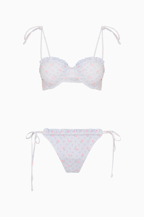 Blue bikini set with small pattern on a white background