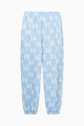 Light blue pants with a geometric pattern on a white background