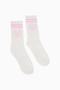 White sock with pink trim stripes and logo on ankle