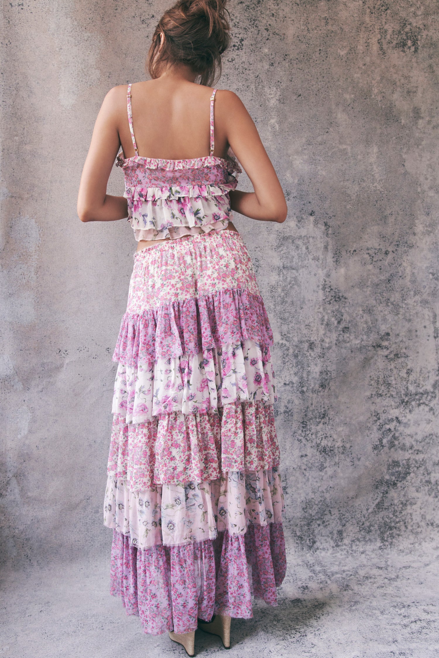 Back image of model wearing pink ruffle maxi skirt - DUSTRYROSEMEDLEY