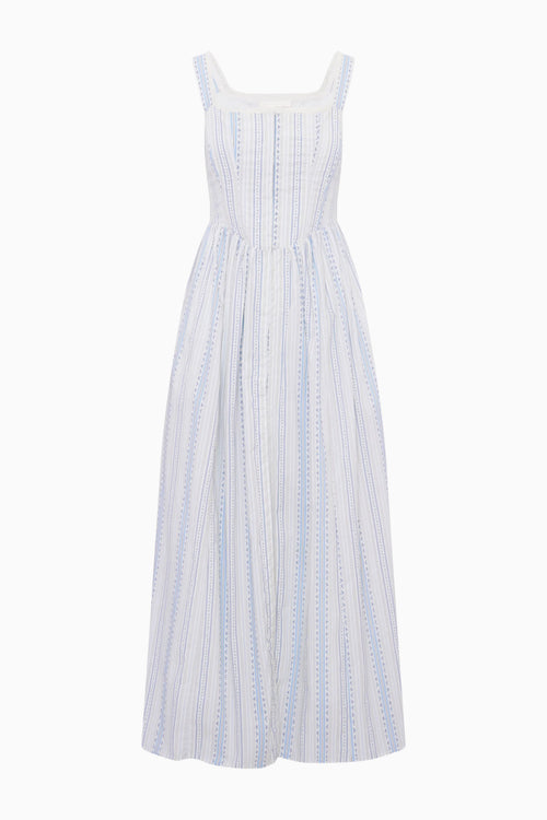 White dress with blue stripes on a white background