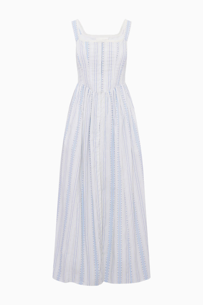 White dress with blue stripes on a white background