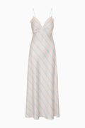 Beige and blue striped dress on a white background