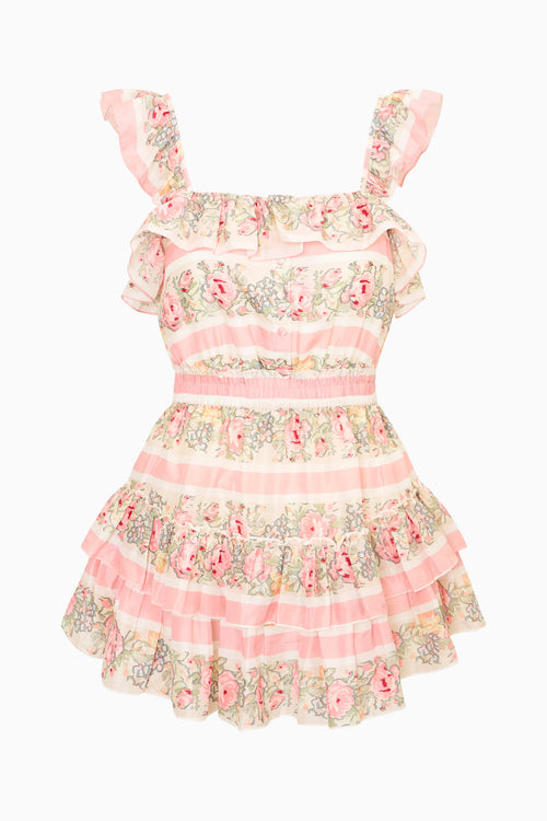 Floral dress with ruffled layers on a white background