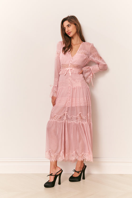 Marinetta Polka Dot Lace-Trim Maxi Dress