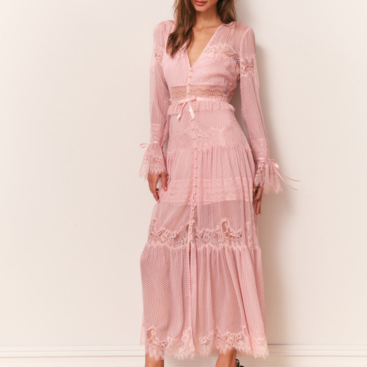 Marinetta Polka Dot Lace-Trim Maxi Dress