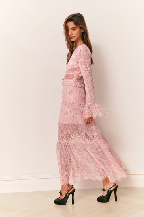 Marinetta Polka Dot Lace-Trim Maxi Dress