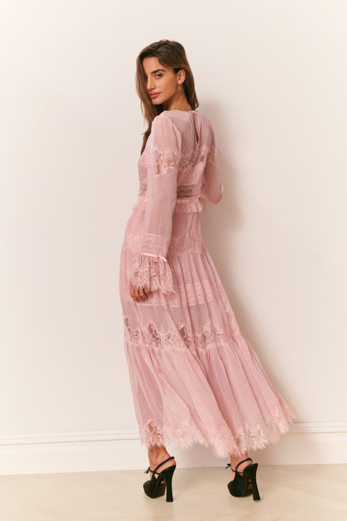 Marinetta Polka Dot Lace-Trim Maxi Dress