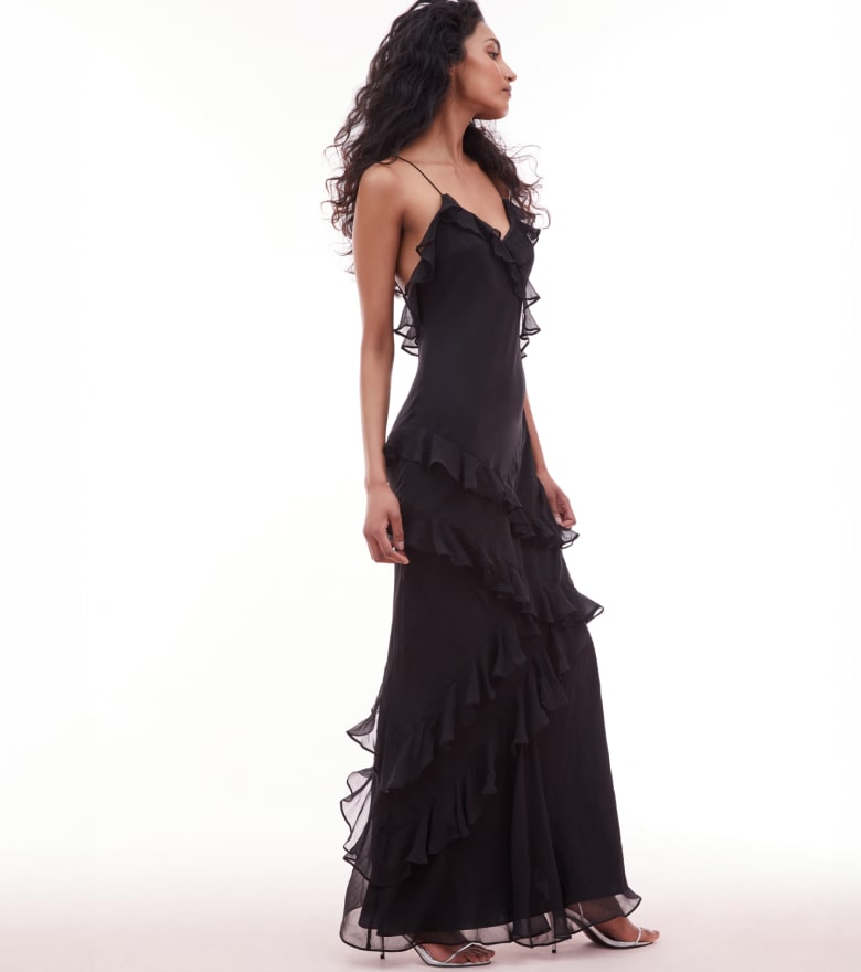 Model wearing the Rialto Silk Maxi Dress in Black