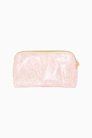 Pink pouch with gold zipper on a white background