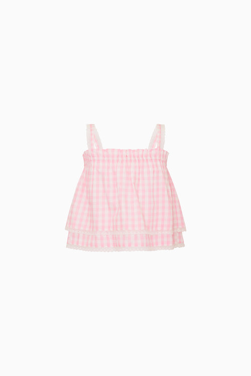 Pink gingham top on a white background