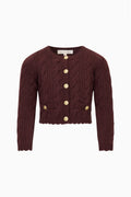 Girls' cable-knit cardigan in dark red with gold button front and long sleeves