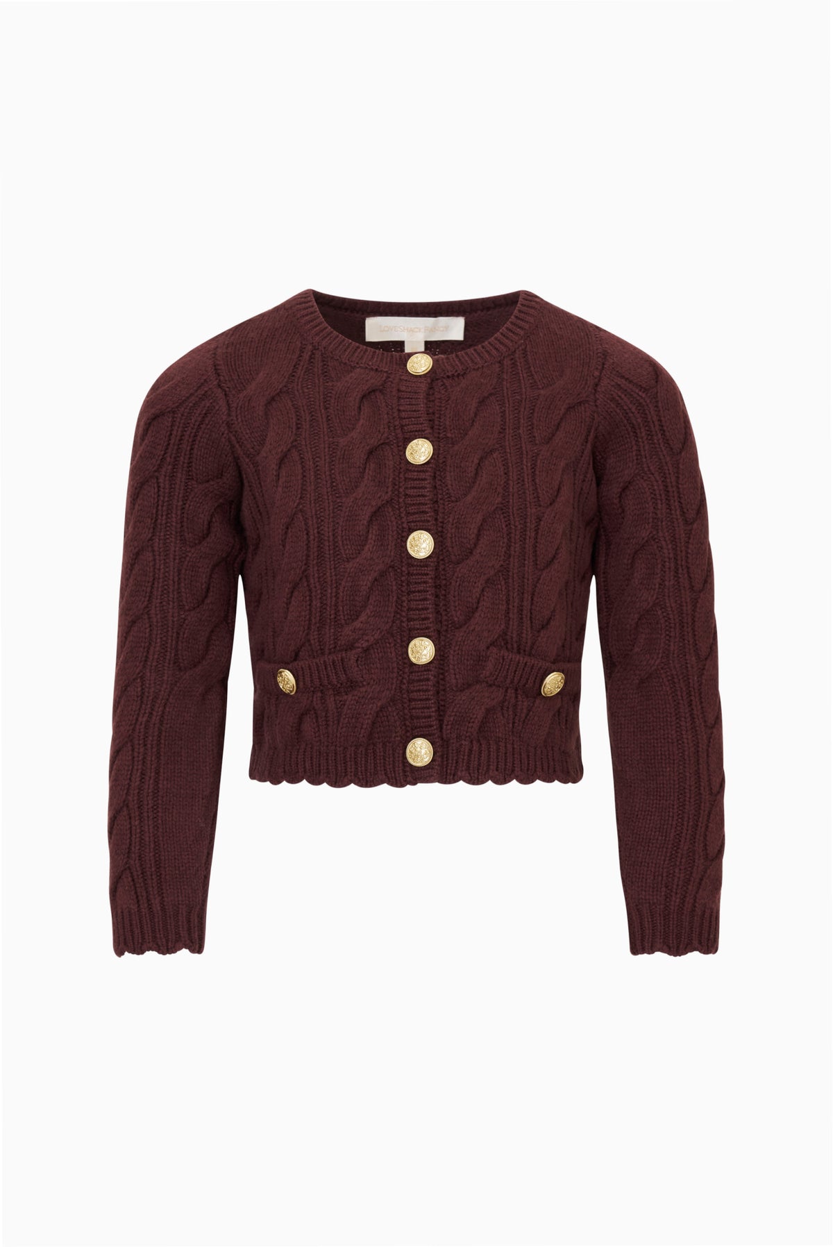 Girls' cable-knit cardigan in dark red with gold button front and long sleeves