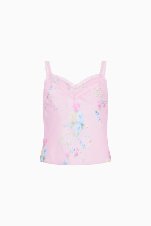 Pink floral camisole on a white background