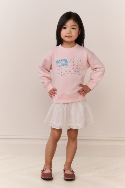 Little Girl wearing a pink american flag sweater and white skirt on a plain background