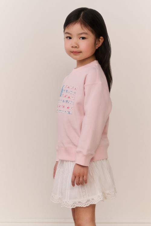 Little Girl wearing a pink american flag sweater and white skirt on a plain background