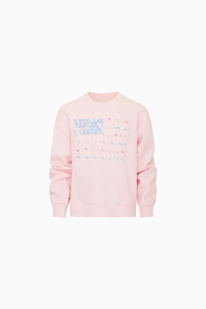 Pink sweatshirt with American Flag graphic design on a white background