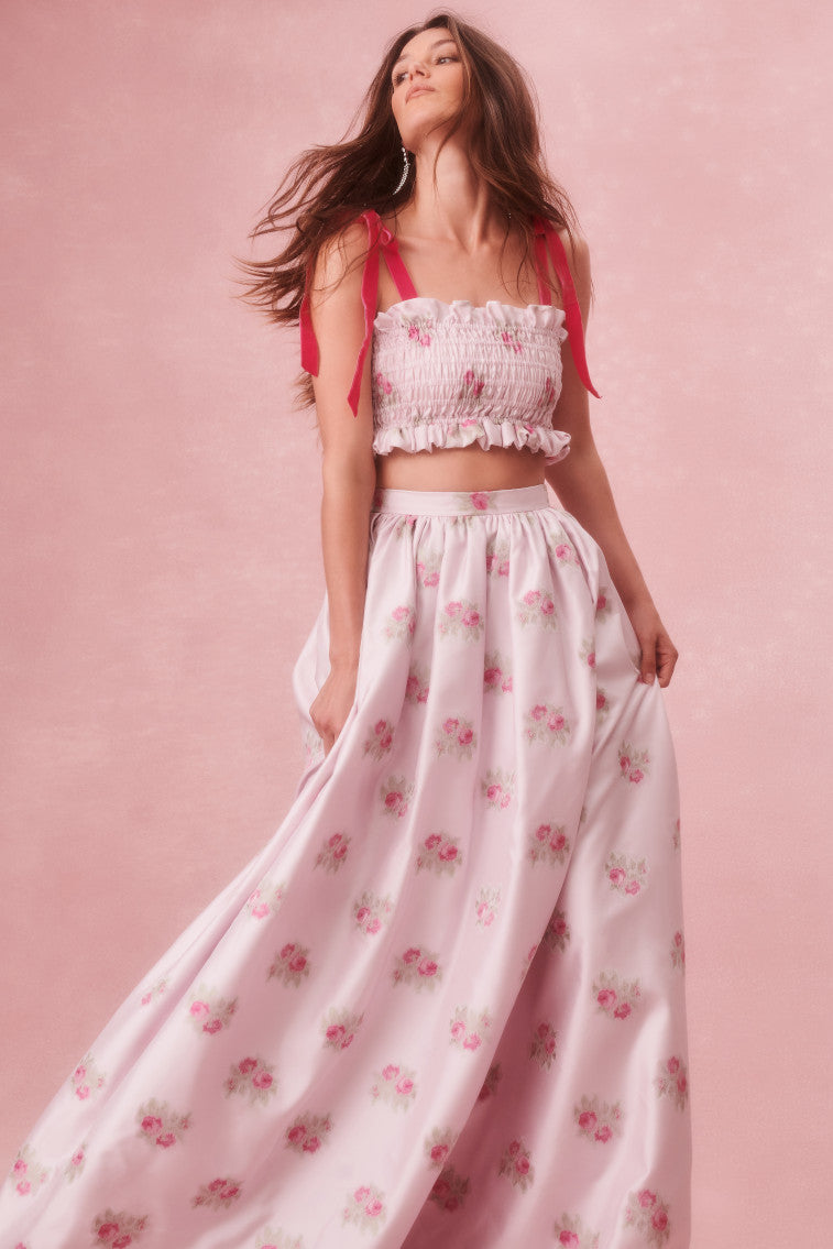 Pleated skirt maxi skirt designed with a pink luxe satin fabric