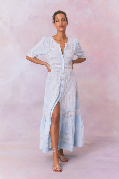 blue love shack fancy dress Stelline Sheer Silk Maxi Indigo SHORES / 2 Beautiful lace trim at the hemline adds a signature romantic finishing touch Summer Blues