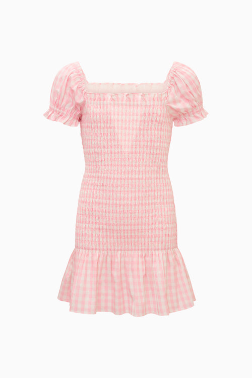 Pink checkered dress with puff sleeves on a white background