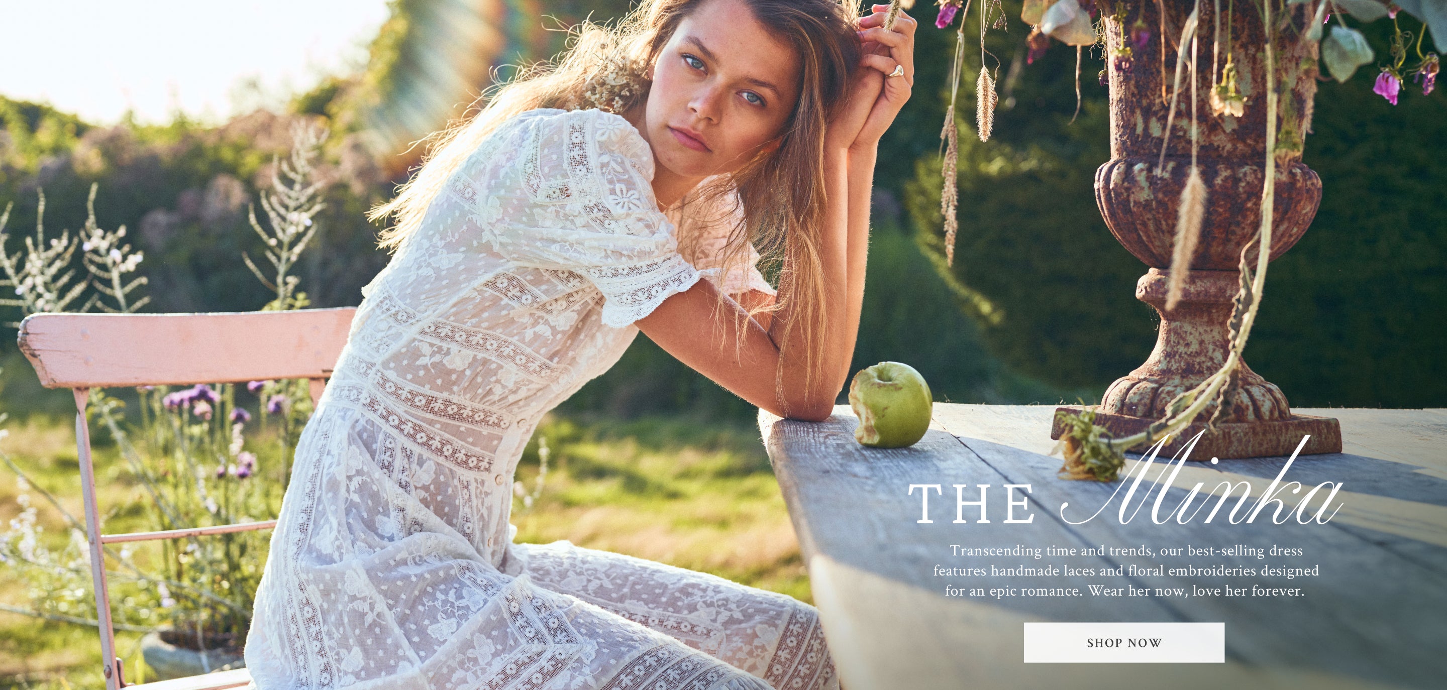 Transcending time and trends, our best-selling dress features handmade laces and floral embroideries designed for an epic romance. Wear her now, love her forever. Shop the Minka.