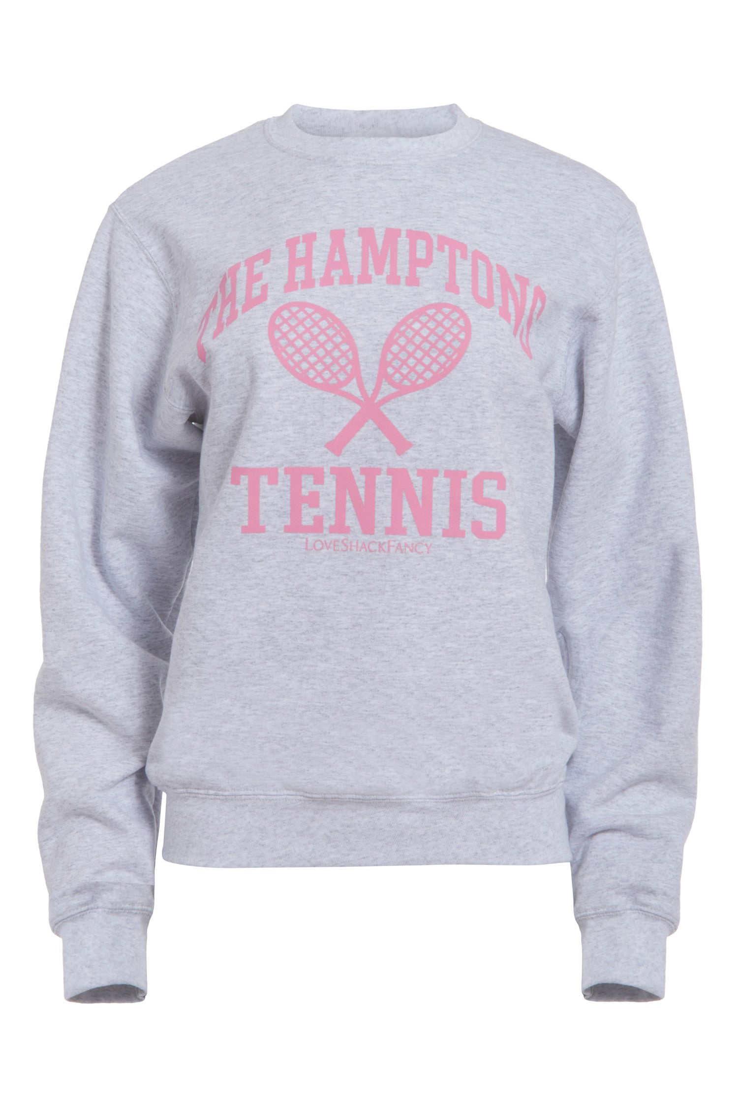 Flat Image of Pink Crew Neck Sweater with text "The Hamptons Tennis LoveShackFancy"