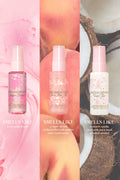 Three mini perfume mist bottles with pink and white labels, LOVESHACKFANCY