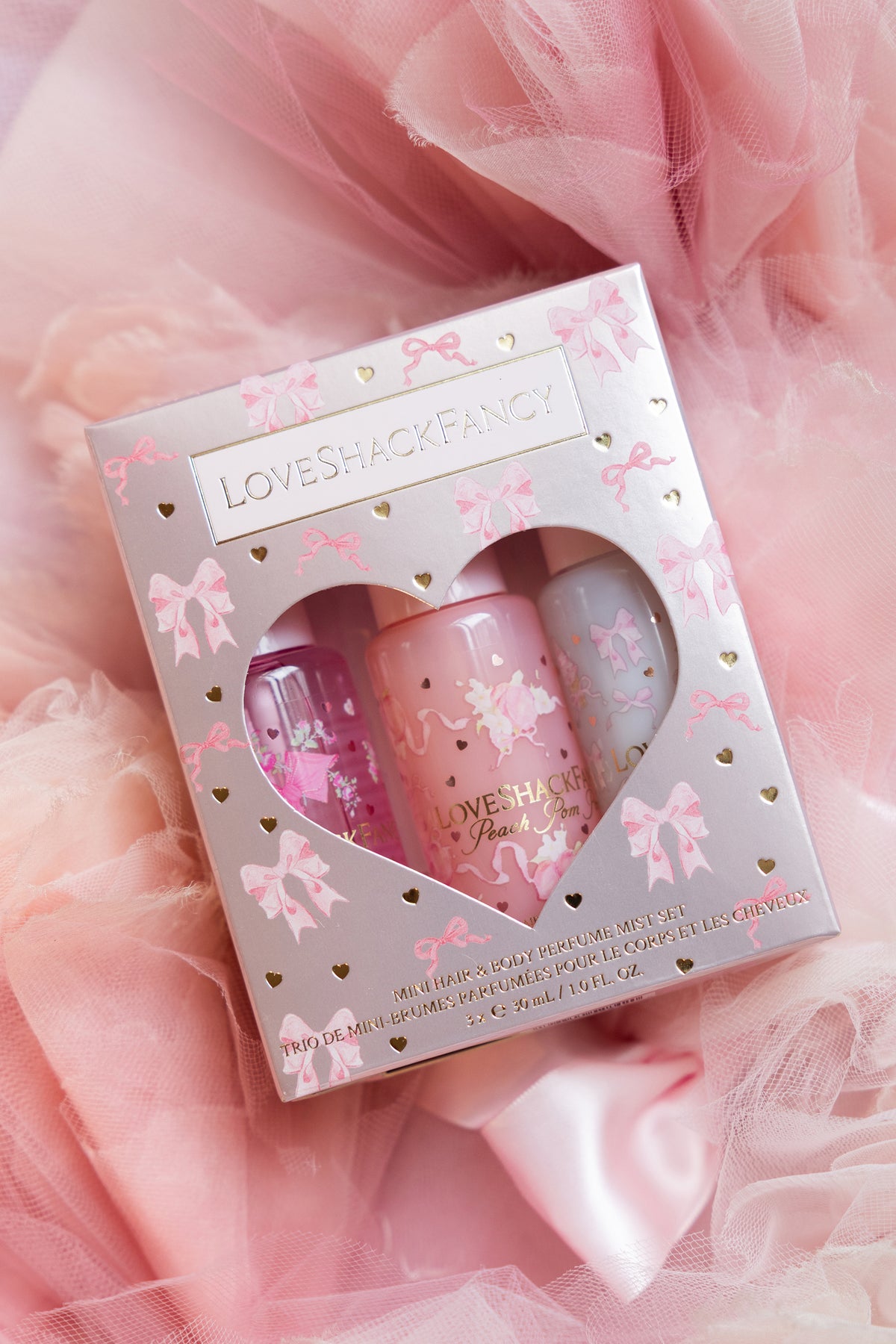 LOVESHACKFANCY mini perfume mist gift set box with heart window and three bottles