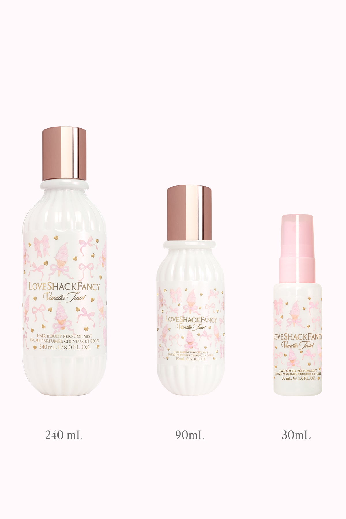 Three mini perfume mist bottles: 240 mL, 90 mL, 30 mL, LOVESHACKFANCY