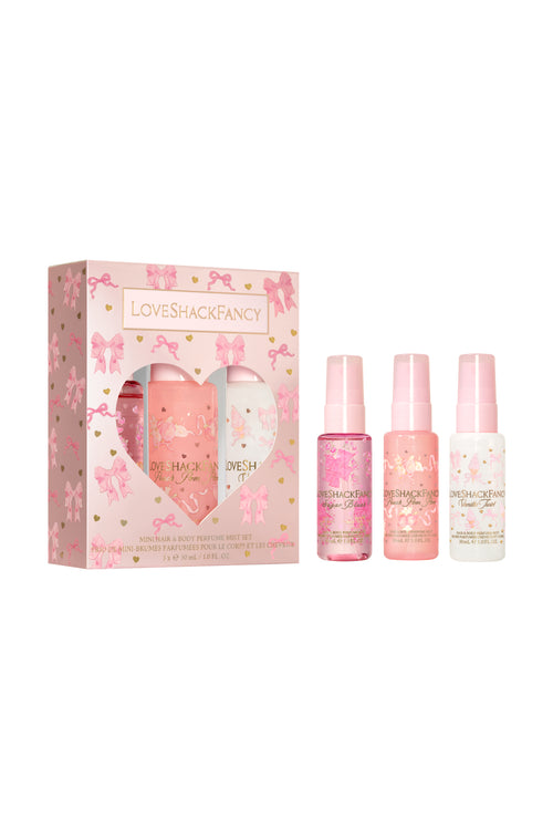 LOVESHACKFANCY mini perfume mist gift set with heart-themed box and three pink bottles