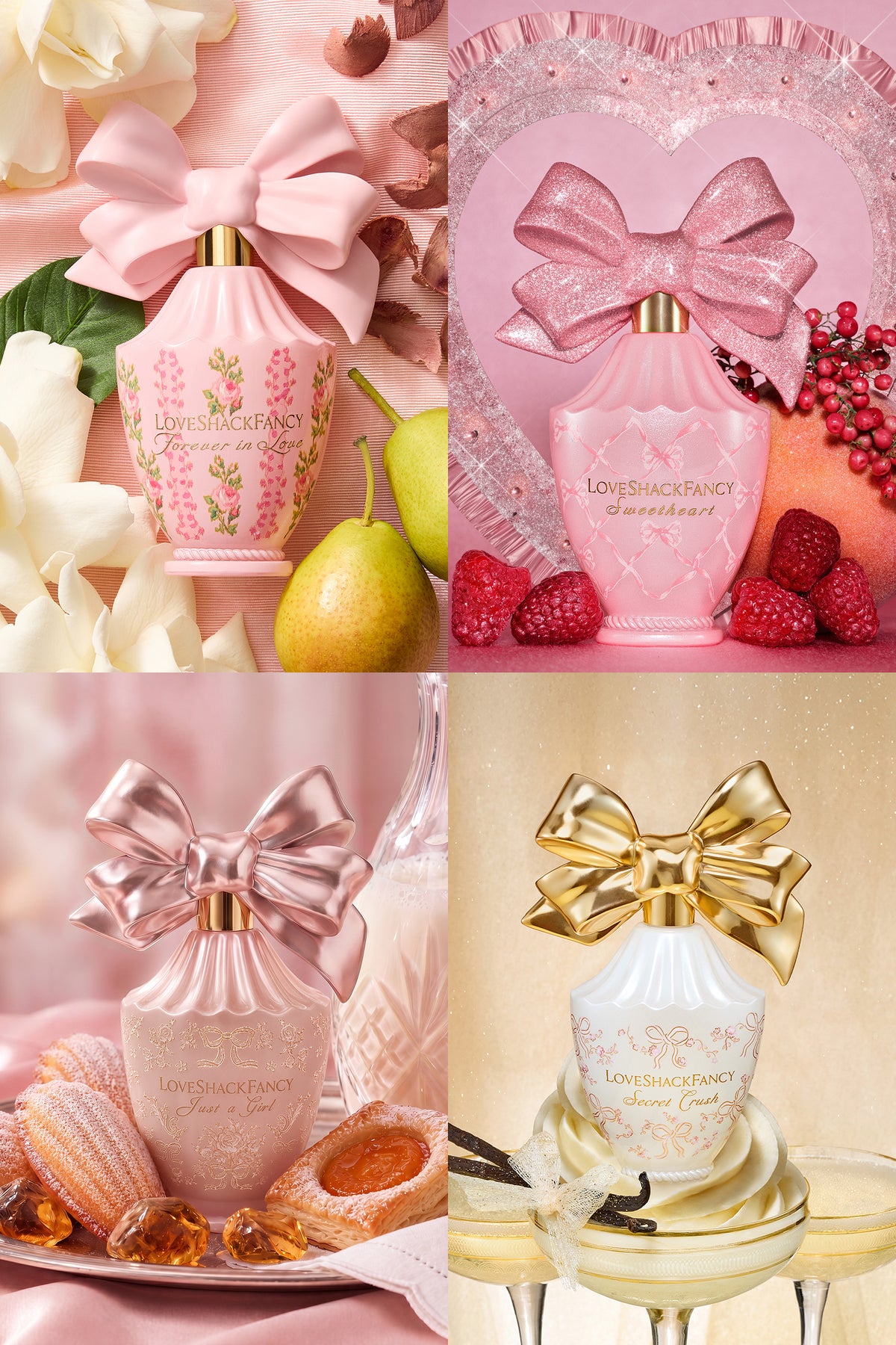 Assorted mini perfume bottles with bows in pink, gold, and silver tones