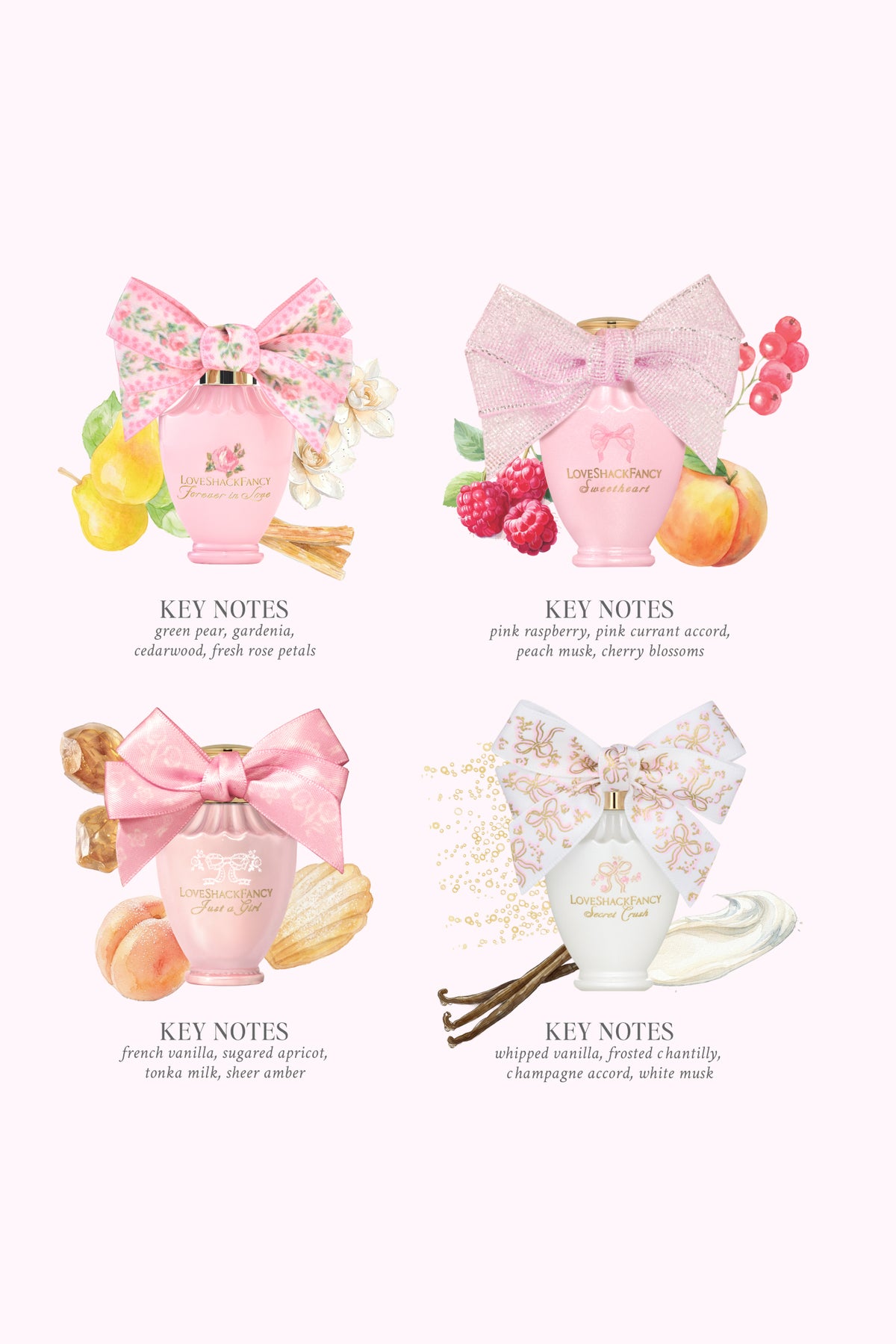Four mini perfume bottles with pastel bows, including pink and purple sets
