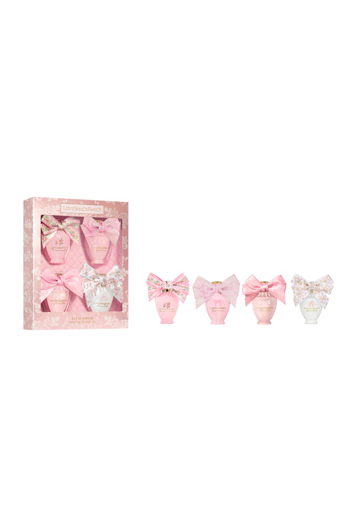Mini layering perfume set, pink bows on mini bottles and gift box