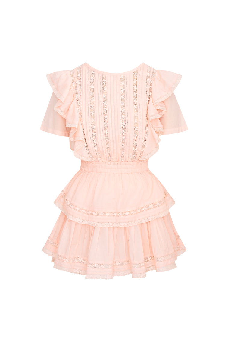 Mini dress with double ruffled flutter sleeves, which cascade down the front and back of the body. Includes an elasticated waist and intricate custom lace panels trimming the skirt’s flounces.