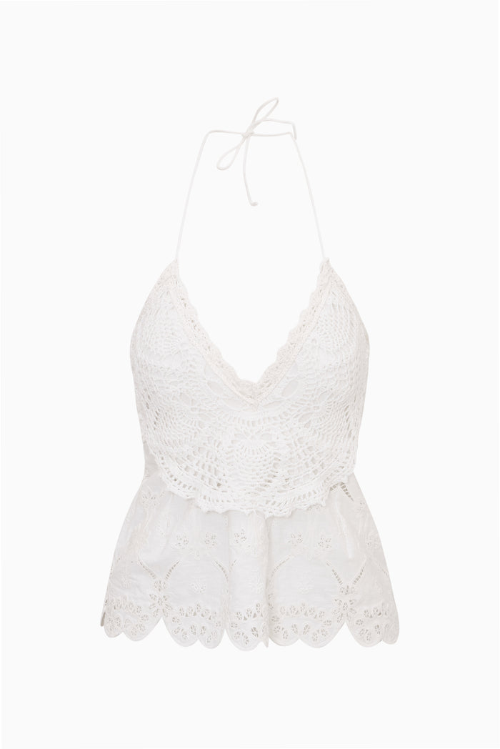 Neria Crochet Eyelet Halter Top