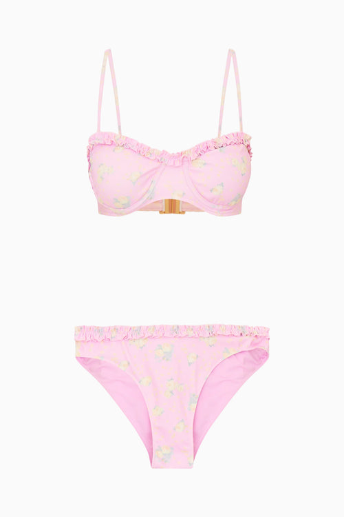Pink bikini set with floral pattern on a white background