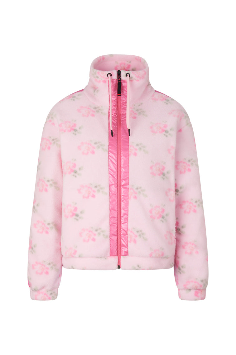 Fleece jacket with stand-up collar and zipper fastening.