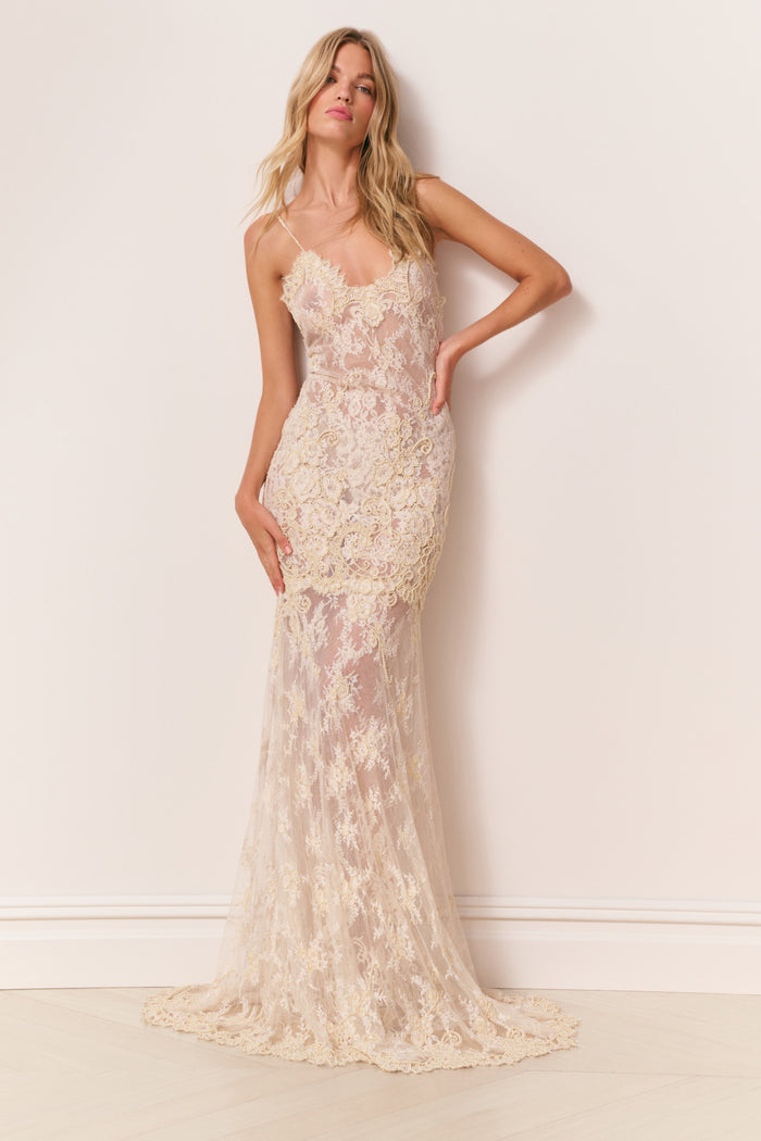 Noira Lace Pearl-Embellished Gown