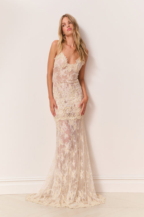 Noira Lace Pearl-Embellished Gown
