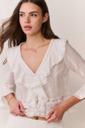 Woman wearing a white lace long sleeve blouse with ruffle trim and matching skirt against a plain background