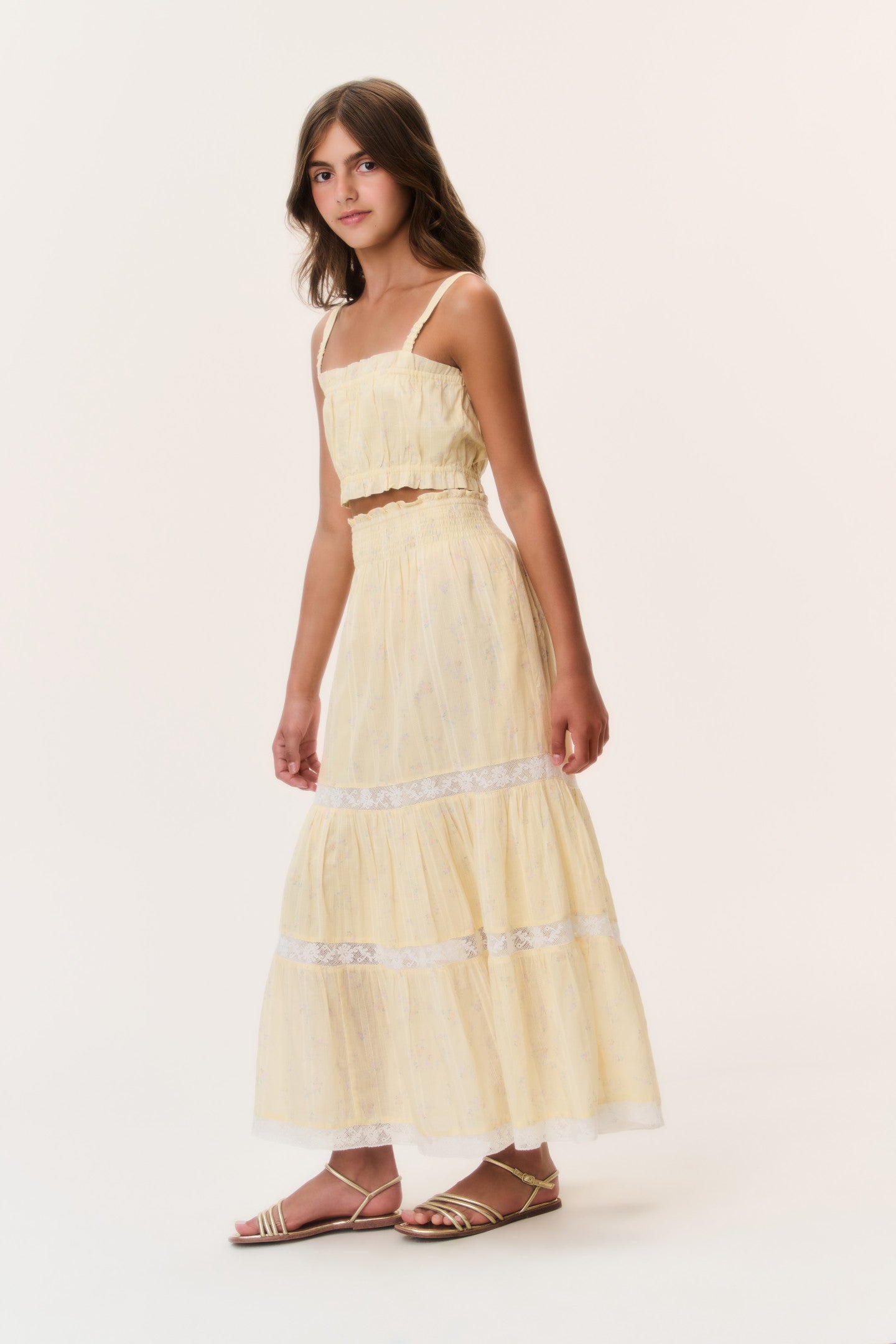 Tiered Midi Lace Shirred Elastic Waist Skirt | LoveShackFancy