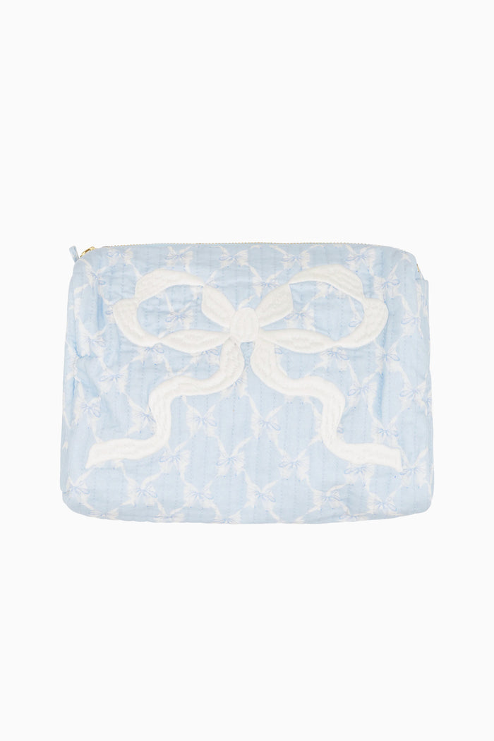 Light blue pouch with a white snake design on a white background