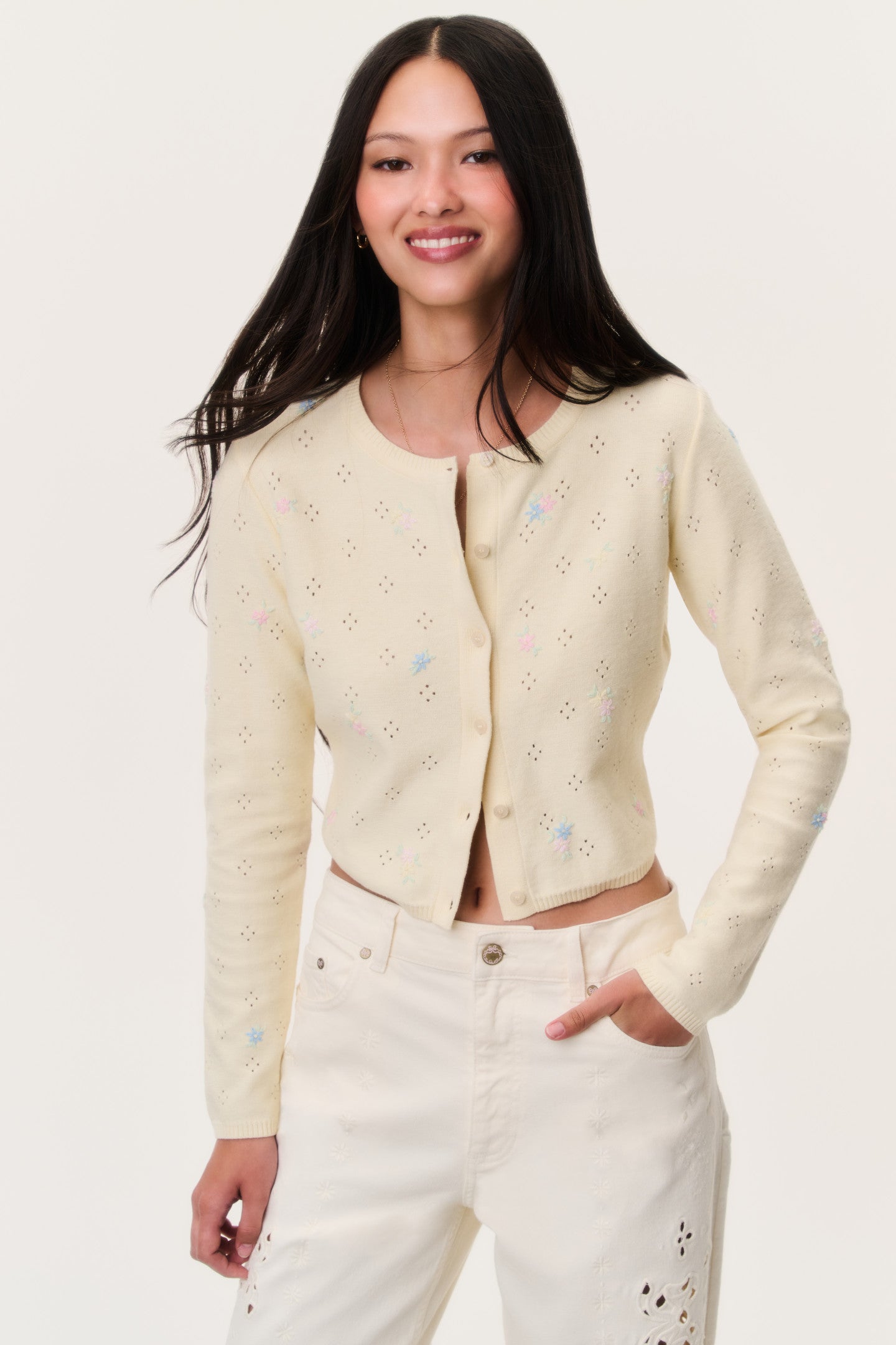 Floral Embroidery Cropped Long Sleeve Cardigan | LoveShackFancy