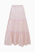 Long, light pink skirt with lace details on a white background