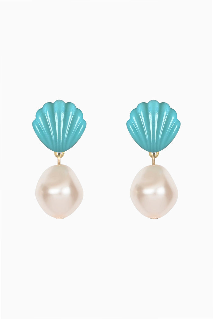 A pair of drop earrings featuring turquoise blue scallop-shaped tops and large, lustrous cream pearl drops, set with small gold accents on a plain white background.