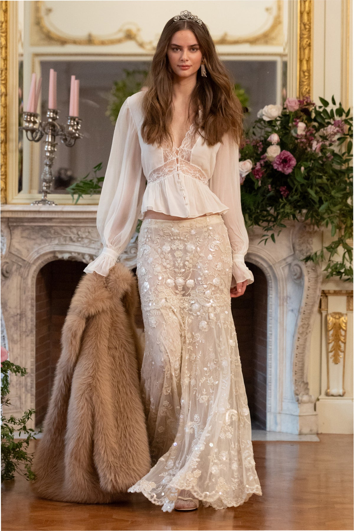 Ryana Pearl Embroidered Mesh Maxi Skirt