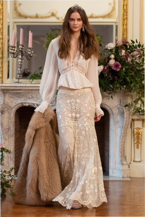 Ryana Pearl Embroidered Mesh Maxi Skirt